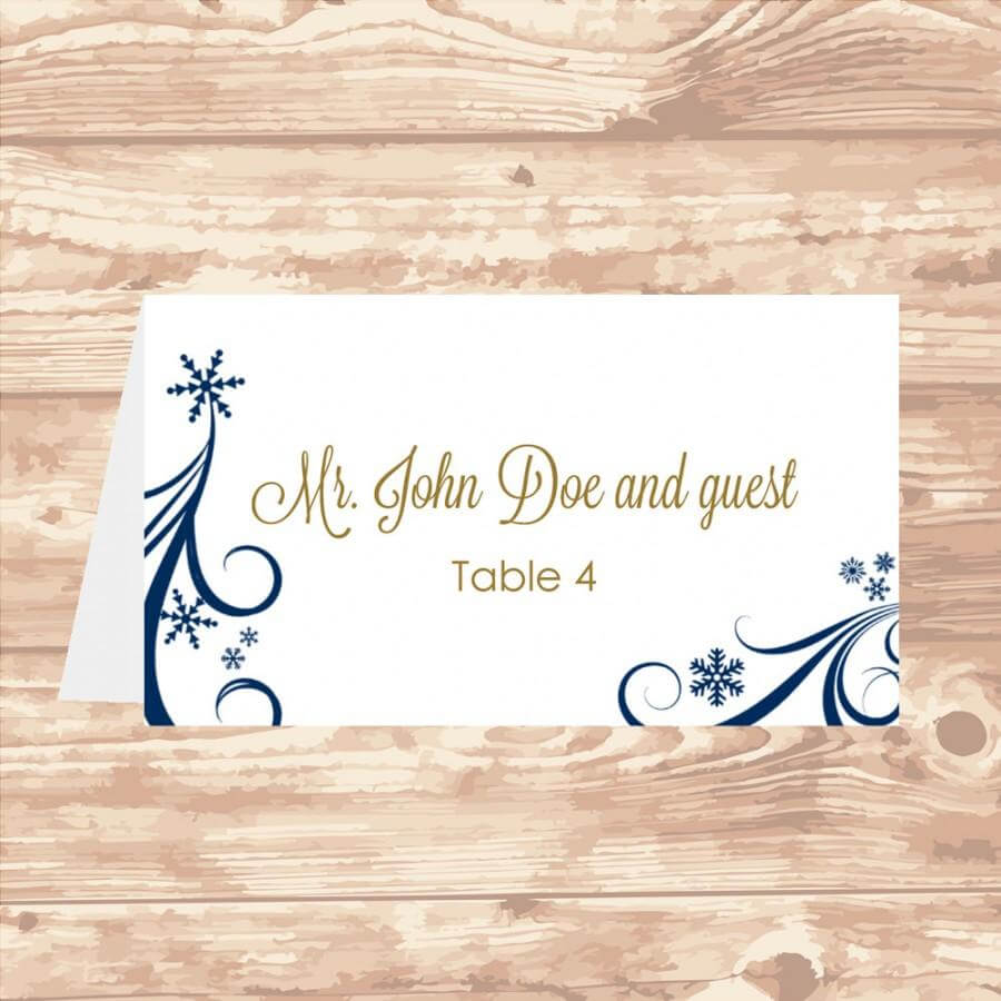 Wedding Place Card Diy Template Navy Swirling Snowflakes Within Wedding Place Card Template Free Word
